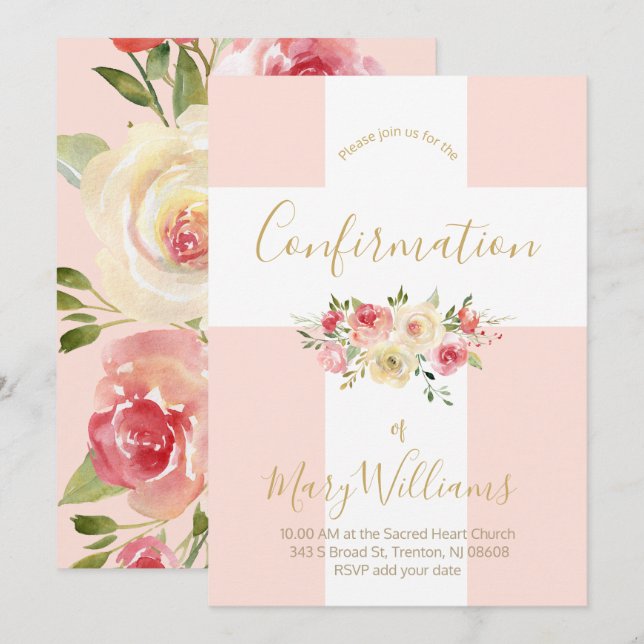 Bekräftelse av katolska vita kor och blommor inbjudningar (Fram/baksida)