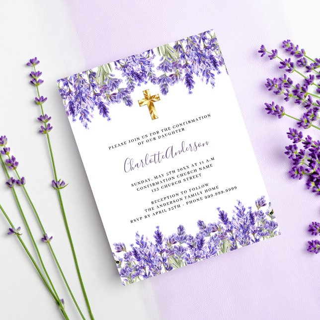 Bekräftelse av Lavender violet blommigt guld kor Inbjudan Vykort (Skapare uppladdad)