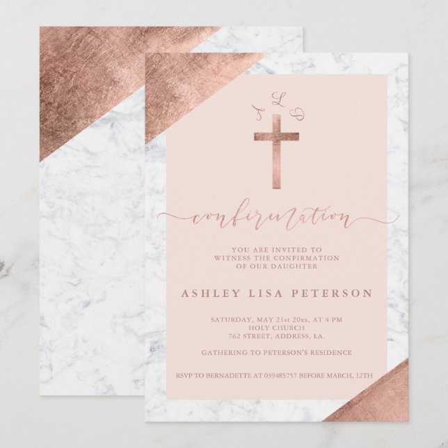 Bekräftelse av Marble ro kor rosa monogram Inbjudningar (Fram/baksida)