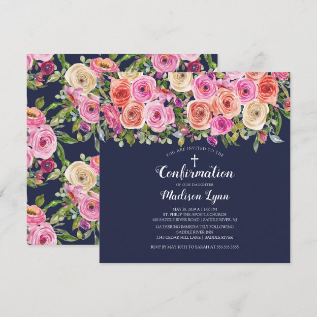 Bekräftelse av Modern Navy Rosa Blommigt Inbjudningar (Fram/baksida)