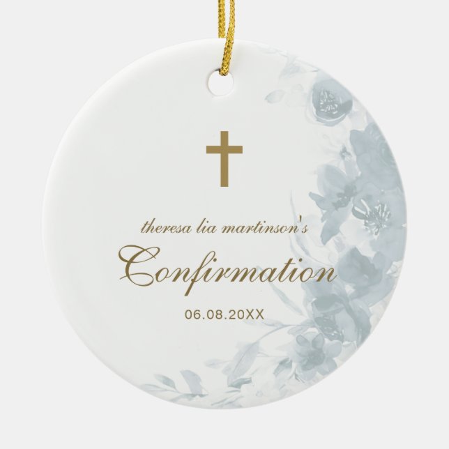 Bekräftelse av ömtålig blå vattenfärg Blommigt Kor Julgransprydnad Keramik (Framsidan)