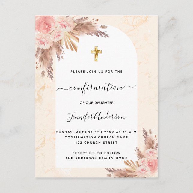 Bekräftelse av pampasgräs ro guld  marmor inbjudan vykort (Framsida)