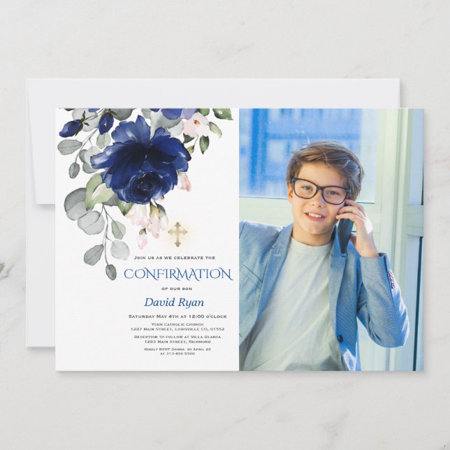 Bekräftelse av trendigets blåa Blommigt Boy Photo  Inbjudningar (Framsida)
