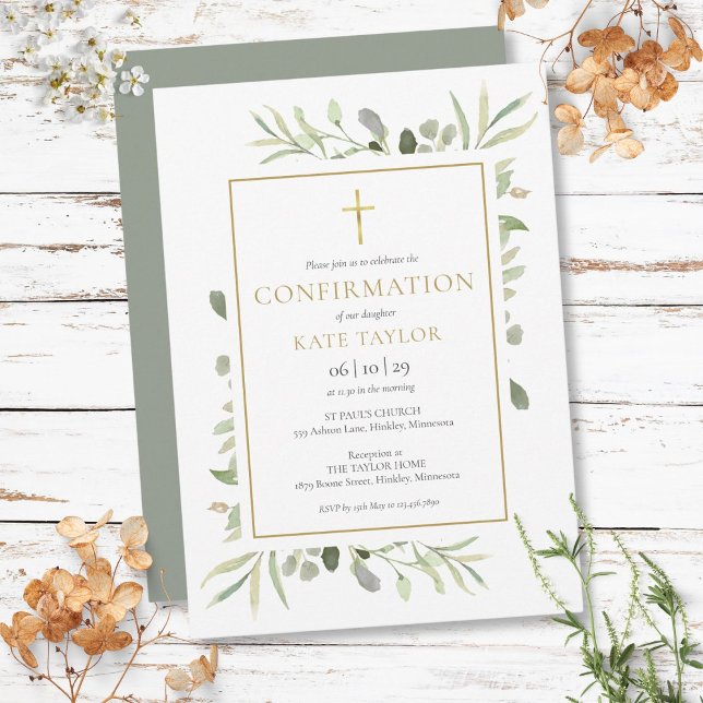 Bekräftelse av vattenfärgen Greenery Guld Inbjudningar (Watercolor Greenery Gold Confirmation Invitation)