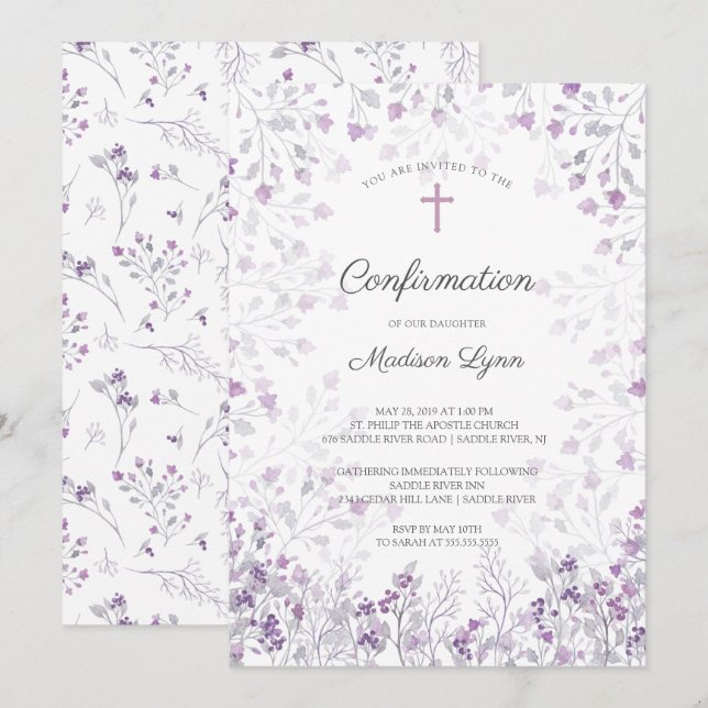 Bekräftelse av vattenfärgskänslig Lila blommor Inbjudningar (Fram/baksida)