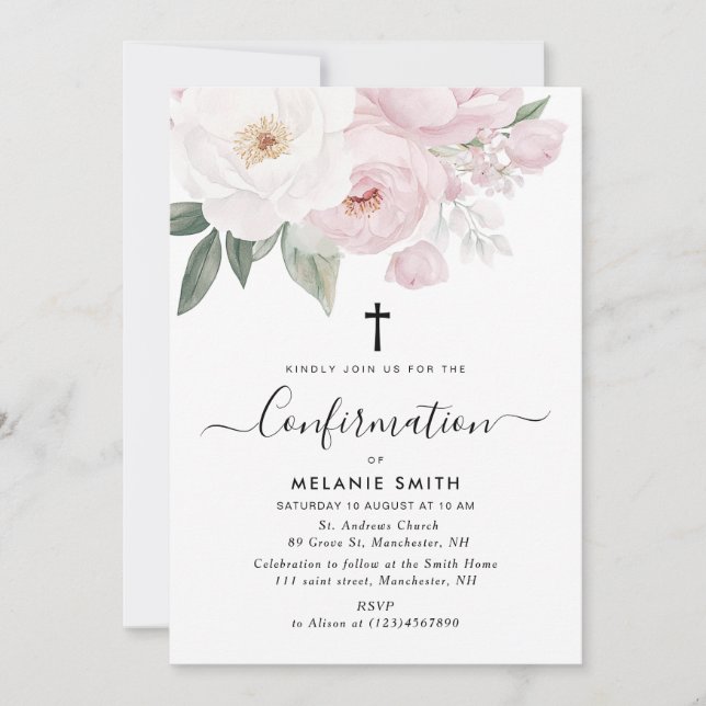 bekräftelse av vattenfärgsrosa och vit blommigt inbjudningar (Framsida)