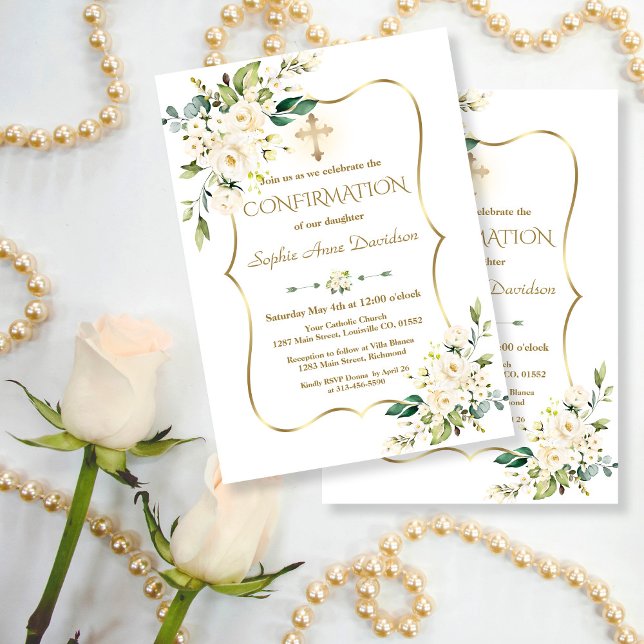 Bekräftelse av vitblommor i Guld Kor Inbjudningar (elegant trendy modern white flowers confirmation invitation, floral gold confirmation invitation)