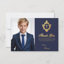Bekräftelse: Blue Faux Guld Vapensköld Boy Photo Tack Kort