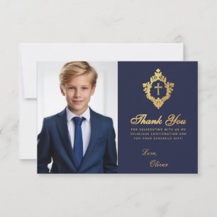 Bekräftelse: Blue Faux Guld Vapensköld Boy Photo Tack Kort