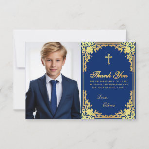 Bekräftelse Boy Photo Vintage Royal Blue Guld Tack Kort