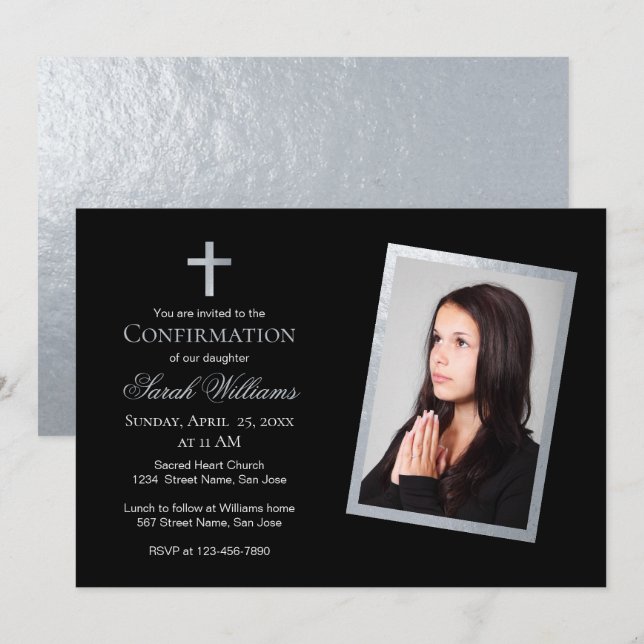 Bekräftelse Falskt Silver & Svart Fotografi Kallig Inbjudningar (Fram/baksida)