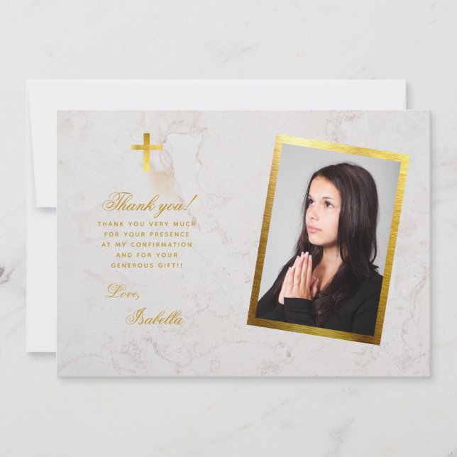 Bekräftelse Foto Falskt Guld Kors Vit Marmor Tack Kort (Framsida)