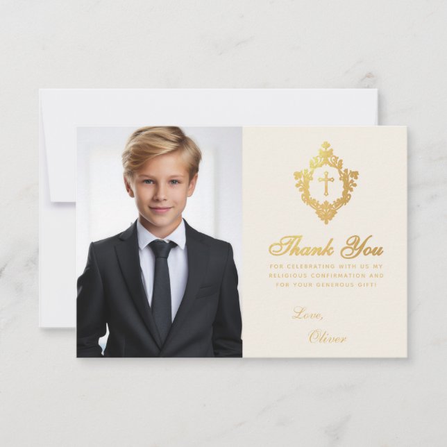 Bekräftelse Foto Guld Kors Crest Elfenben Elegant Tack Kort (Framsida)