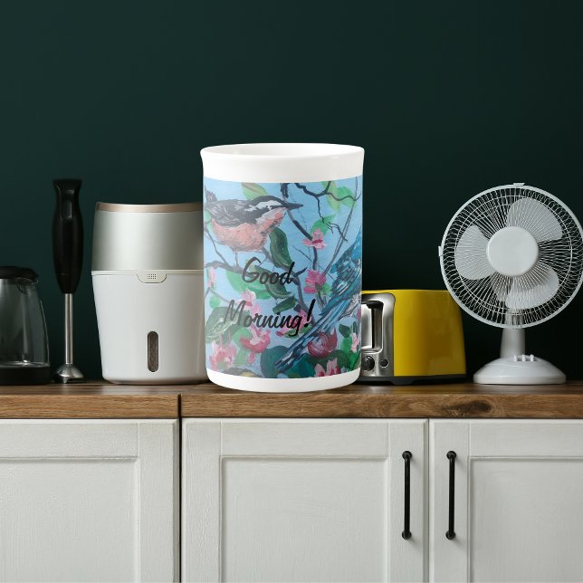 Bekräftelse 'God Morgon' unik konst Benporslin Mugg (Elegant Hand Painted Print Bird Watching Good Morning Mug!)