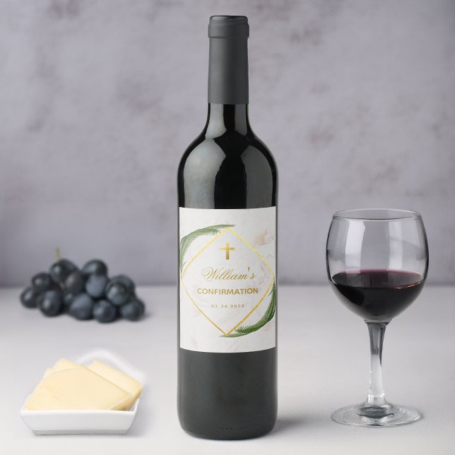 Bekräftelse Grönska Falska Guld Marmor Fernblad Vinflaska Etikett (Skapare uppladdad)