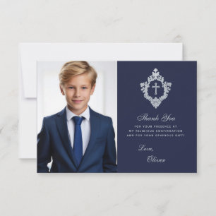 Bekräftelse Marinblå Falsk Silver Kam Pojke Foto Tack Kort