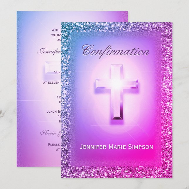 Bekräftelse med Glowing Kor i Rainbow Färg. Inbjudningar (Fram/baksida)