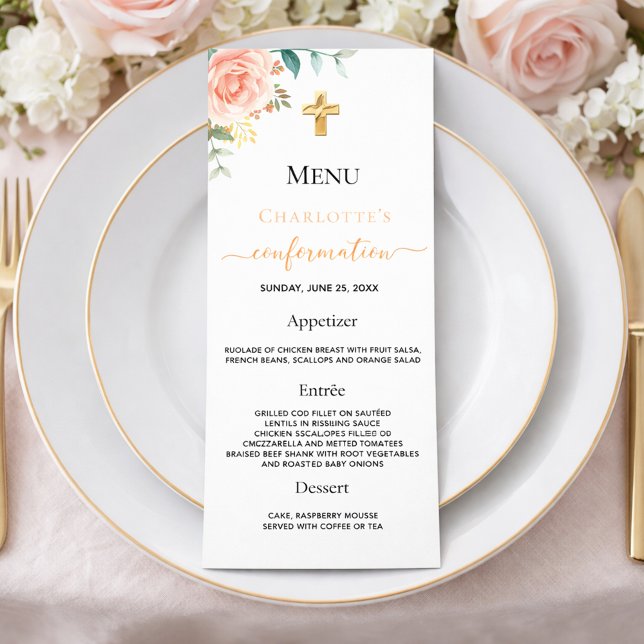 Bekräftelse Menu guld  rosa blommigt flicka i ro Reklamkort (Skapare uppladdad)