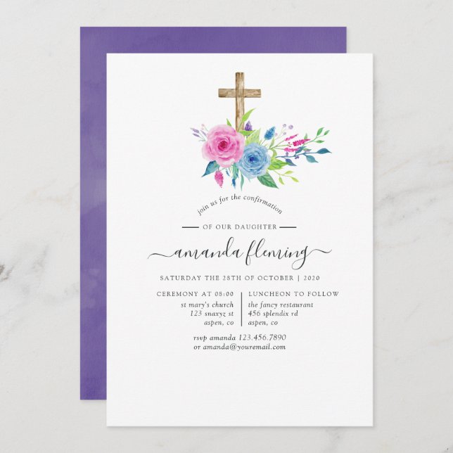 Bekräftelse på Blommigt av ultraviolett vattenfärg Inbjudningar (Fram/baksida)