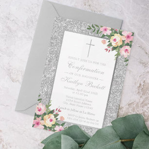 Bekräftelse på Blommigten Silver Glitter eller lov Inbjudningar
