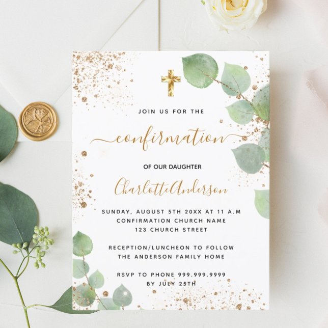 Bekräftelse på eucalyptus greenery guld glitter fl inbjudan vykort (Skapare uppladdad)