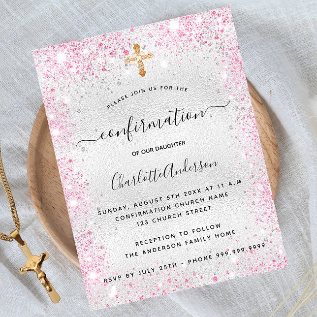 Bekräftelse på silver glitter rosa-miniatyrflicka inbjudan vykort (Skapare uppladdad)