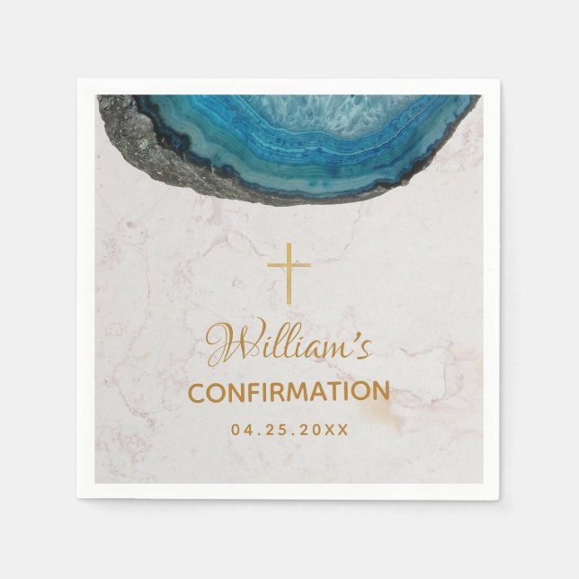 Bekräftelse Pojke Blå Geod Guld Kors Marmor Pappersservett (Framsidan)