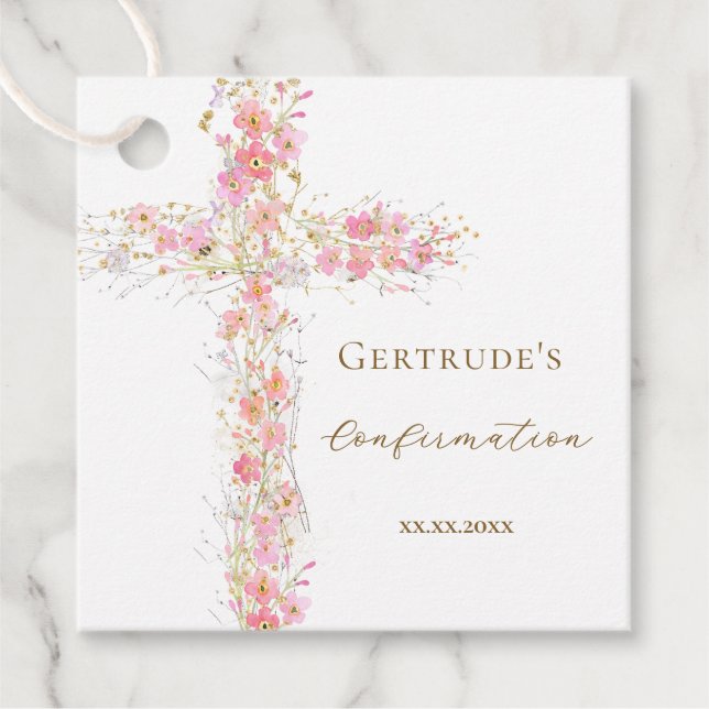 Bekräftelse rosa blommor kors gåvor etiketter (Framsida)