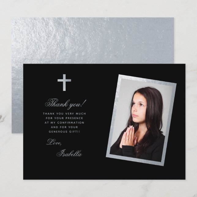 Bekräftelse Svart Falskt Silver Foto Kalligrafi Tack Kort (Fram/baksida)