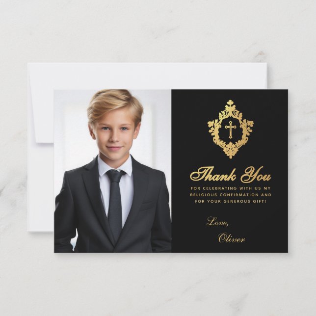 Bekräftelse Svart Guld Kam Elegant Pojke Foto Tack Kort (Framsida)