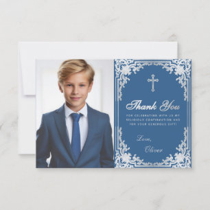 Bekräftelse Vintage Klassisk Blå Silver Pojke Foto Tack Kort
