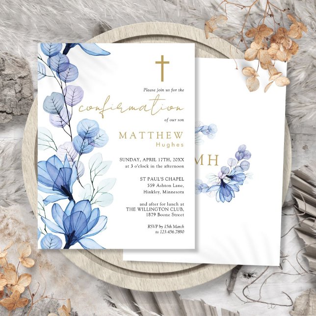 Bekräftelseinbjudan till Dusty Blue Blommigt Guld Vykort (Dusty Blue Floral Gold Confirmation Invitation Postcard)