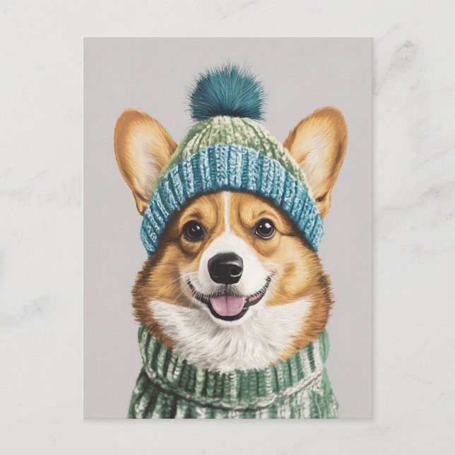 Bekväm Corgi i vinterutrustning Vykort (Framsida)
