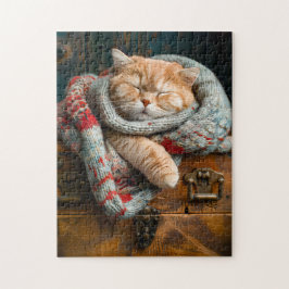 Bekväm katt som sover på en träbox pussel