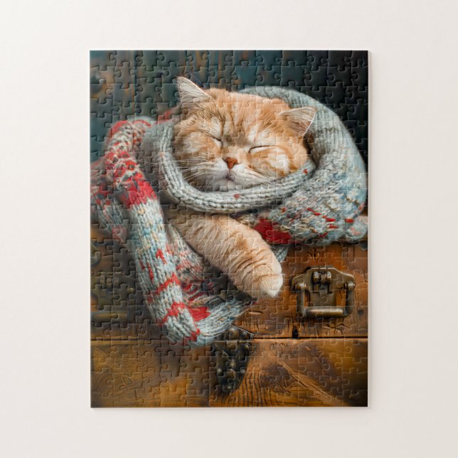 Bekväm katt som sover på en träbox pussel (Vertikal)