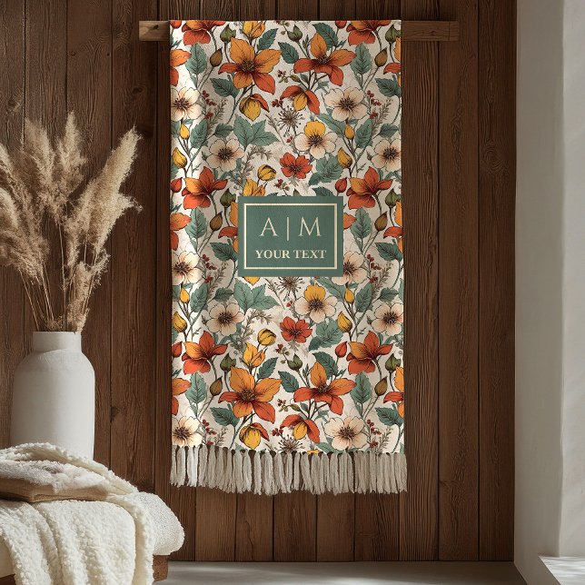 Bekväm Olivgrön Rost Koppar Höst Blommig Konst  Fleecefilt (Comfy Olive Green Rust Copper Autumn Flower Art Blanket)