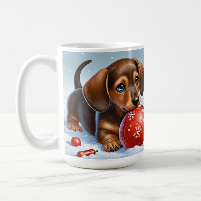 Bekväma Dachshund-valpar som leker med Röda Boll Kaffemugg (Vänster)