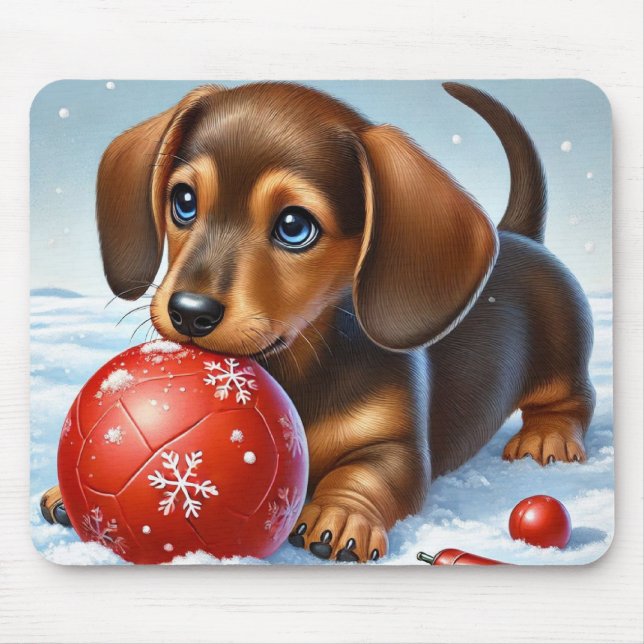 Bekväma Dachshund-valpar som leker med Röda Boll Musmatta (Framsidan)