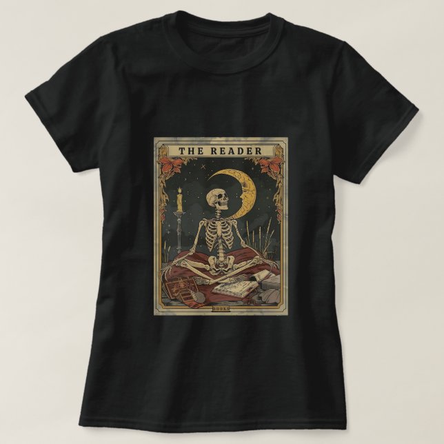 Bekväma läsare med Tarot Card-skeleton Readi T Shirt (Design framsida)