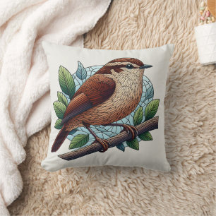 Bekvämt Brown Wren Stached Glass-utseende Kudde