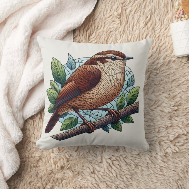 Bekvämt Brown Wren Stached Glass-utseende Kudde (Filt)