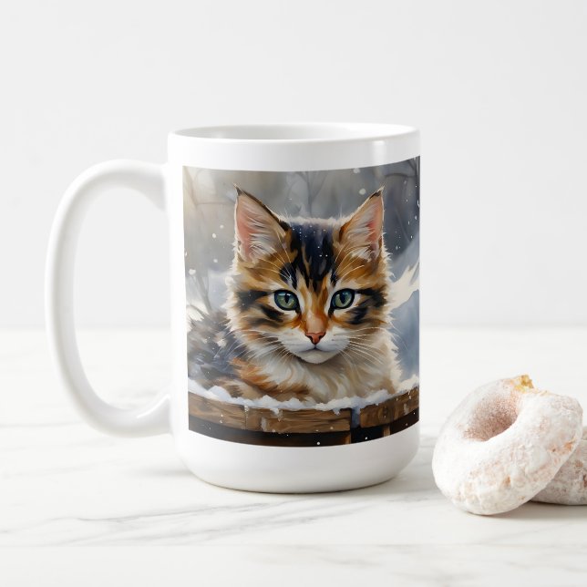 Bekvämt Calico Cat i Snö Kaffemugg (Med munk)