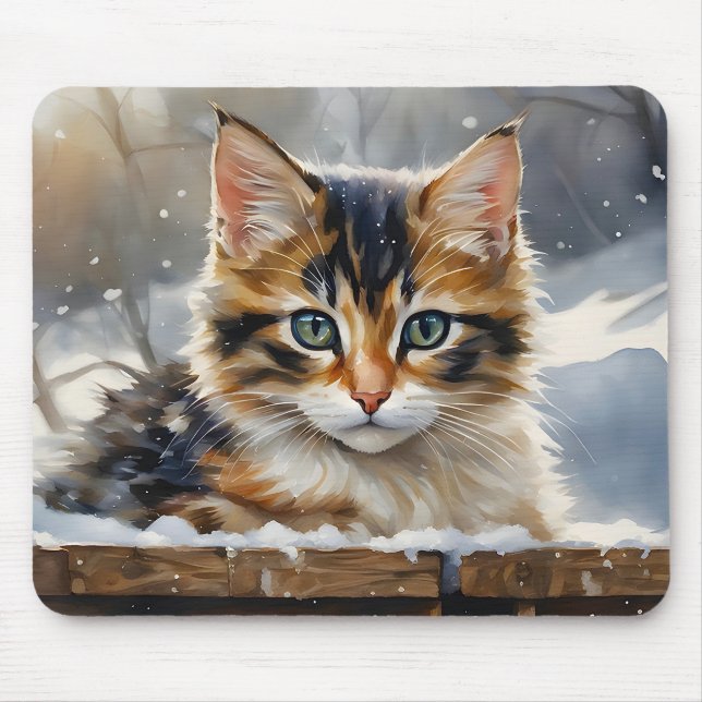 Bekvämt Calico Cat i Snö Musmatta (Framsidan)