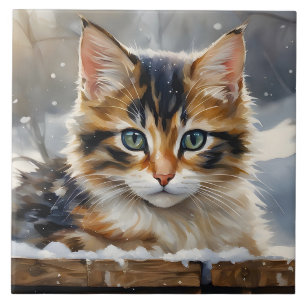Bekvämt Calico Cat i Snö Porträtt Pose Kakelplatta
