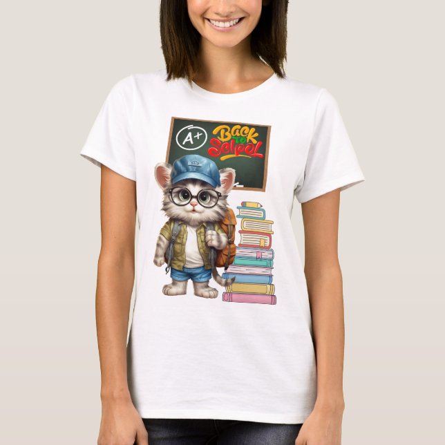 Bekvämt Cat Back to school design T Shirt (Framsida)