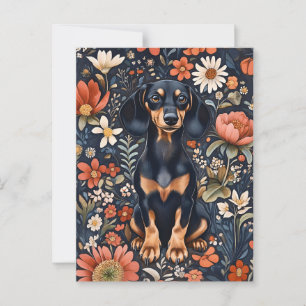 Bekvämt Dachshund omringat av brant Flowers Vykort