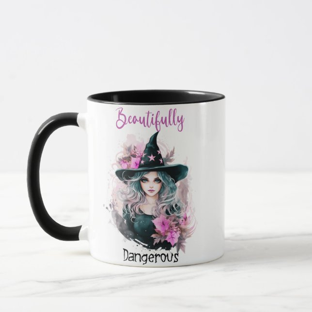 Bekvämt Dangerous Witch Rosa Flowers Halloween Mugg (Vänster)