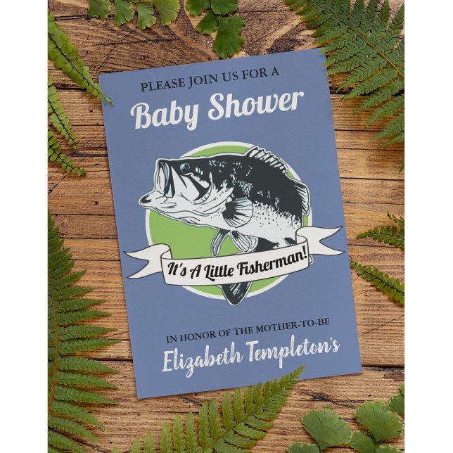 Bekvämt fiske Det är en liten fiskare Inbjudningar (Baby shower fishing invitation in blue. It's a little fisherman)