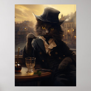 Bekvämt katt i en Kostym som släpper ut en drink i Poster