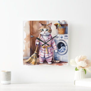 Bekvämt katt i Pajamas Doing Tvätt Funny Fyrkantig Klocka